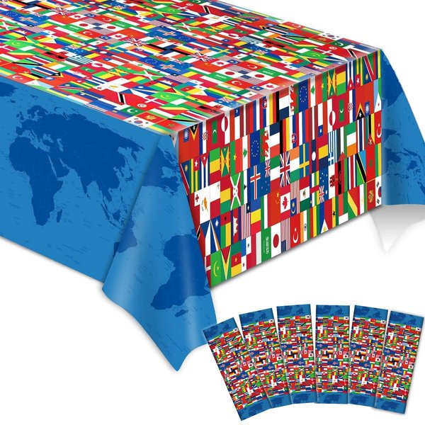 6 Pieces International Flag Tablecover World Flag Party Tablecloth Decorations Disposable Plastic Table Cover Birthday Party Decor Supplies Favors Outdoor Indoor