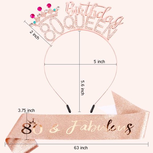AHONEY 80th Birthday Queen Headbands for Women, 80 & Fabulous Birthday Sash and 80th Birthday Tiara Set, 80th Birthday Decorations Birthday Gifts for Women Party Favors (Rose Gold)