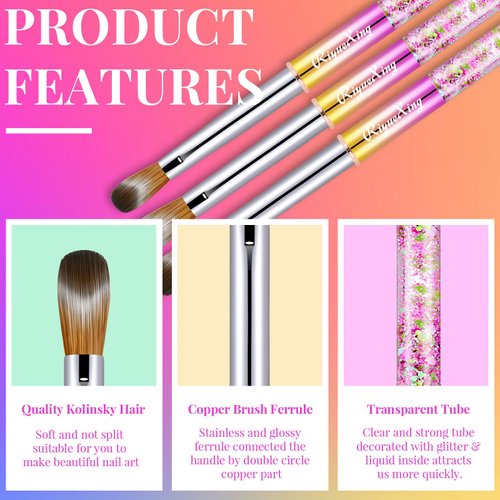 3PCS Acrylic Nail Brush Set, 8/12/14. Kolinsky Nail Art Brushes for Acrylic Application, Sturdy Handle Oval Shaped Acrylic Powder Nail Design Tools for Professional Manicure DIY Home