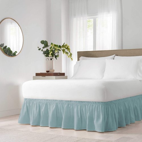 Easy Fit Solid Elastic Wrap Around Bed Skirt, Easy On/Off Dust Ruffle (18 Inch Drop), Queen/King, Spa