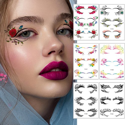 32 Pairs Temporary Eye Tattoo Stickers Colorful Eyeliner Stickers Makeup Transfer Eyeshadow Stickers for Women Waterproof Fake Tattoos Face Decorations for Birthday Wedding Carnival Festival
