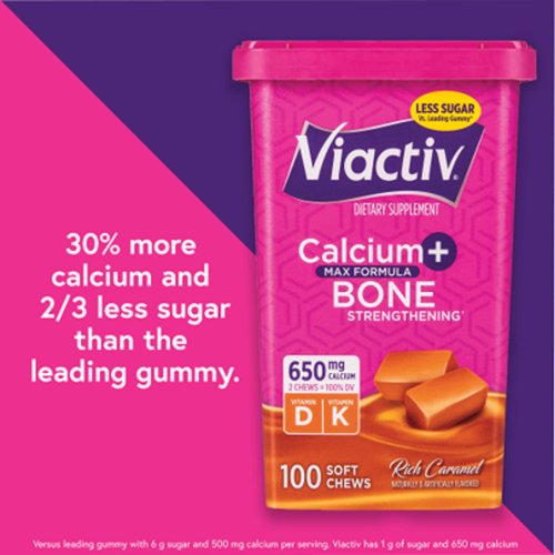 Viactiv Calcium Plus Vitamin D Supplement Soft Chews, Caramel, 100 Count