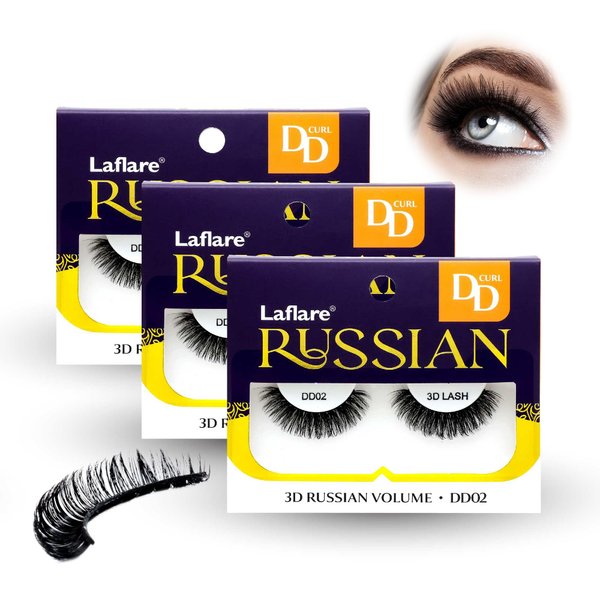 Laflare 3D False Eyelashes Russian Volume Strip Lashes | Fluffy, Wispy, Lightweight | Faux Mink Eyelashes Extension D Curl Wispy Handmade Soft Reusable 3 Packs Value Combo. (FDD02X3C)