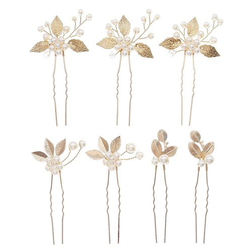 7 Pieces Flower Girl Hair Accessory Gold U Shape Wedding Hair Pins for Bridesmaid Beads Leaf Wedding Hairpins Bridal Hair Clips for Bride Women
