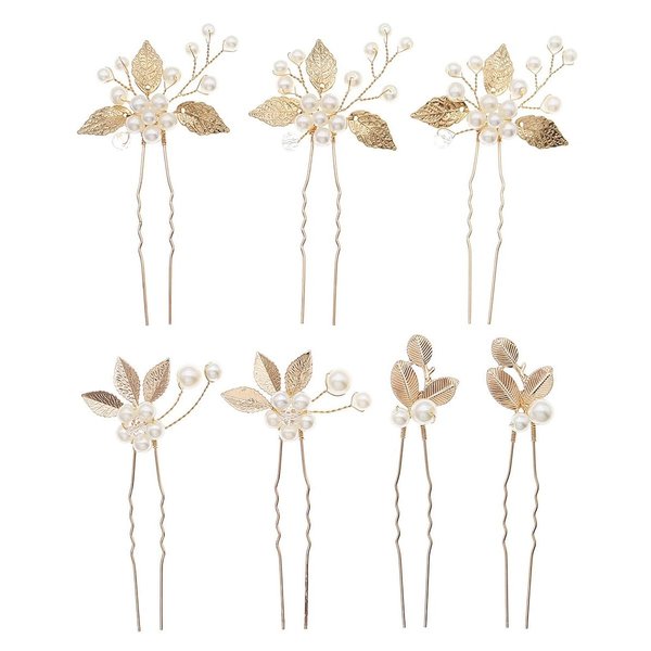 7 Pieces Flower Girl Hair Accessory Gold U Shape Wedding Hair Pins for Bridesmaid Beads Leaf Wedding Hairpins Bridal Hair Clips for Bride Women
