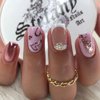 Press on Nails Short Square Fake Nails White French Tip False Nails with Heart Designs Pink & Nude Acrylic Nails Glossy Artificial Nails Gold Glitter & Rhinestones Glue on Nails for Women 24Pcs