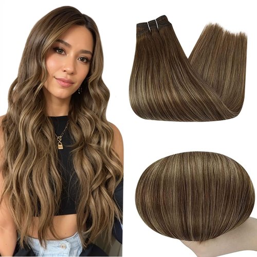 Full Shine Sew in Hair Extensions Real Human Hair Balayage Color 4 Medium Brown Fading to 24 Honey Blonde Mix Brown Weft Hair Extensions Human Hair Long Straight Hair 105G 18 Inch