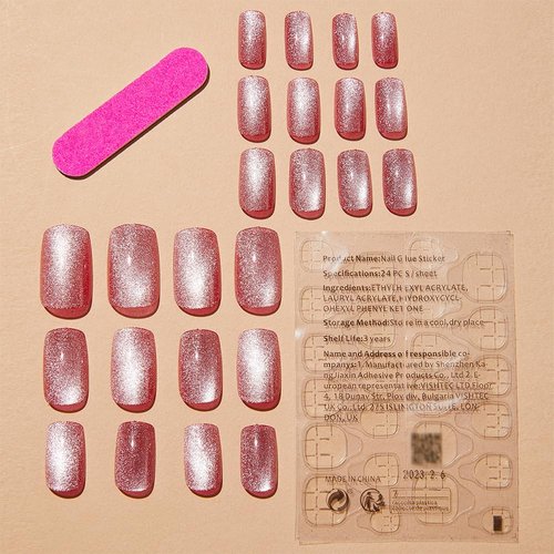 Pink Press on Nails Short Square Fake Nails Cat Eye False Nails with Design Pink Glitter Stick on Nails Full Cover Glossy Acrylic Artificial Nails Obmre Pearl Glue on Nails for Women Manicure 24Pcs