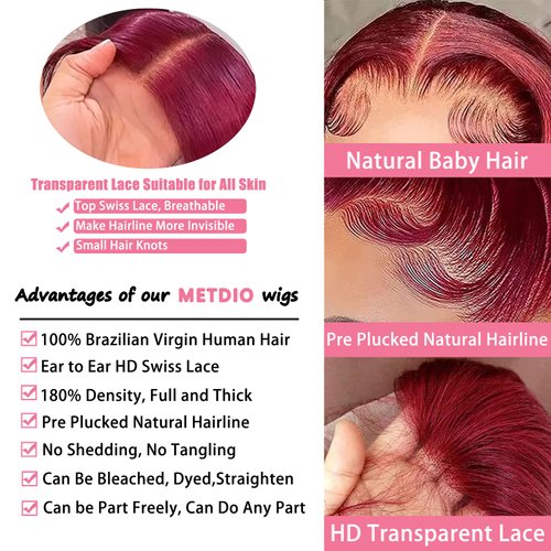 13x4 Body Wave Hd Lace Front Wigs Human Hair Pre Plucked 99j Burgundy Lace Front Wigs Human Hair Glueless Wine Red Wig Red Lace Front Wigs Human Hair Wigs for Women with Baby Hair 180 Density 28 Inch
