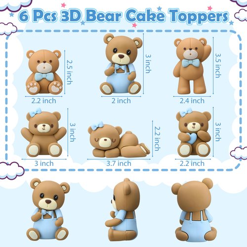 6 Pcs 3D Bear Cake Toppers Bear Cake Decorations Baby Shower Cake Decorations Bear Party Favors Bear Home Ornaments for Baby Shower Bear Theme Birthday Party Cake Supplies Boys Girl Gifts(Blue)