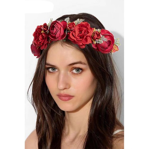Lofruiin Women's Bohemian Simulated Rose Flower Wreath Adjustable Rose Flower Headband Seaside Party Floral Headpiece (A- Red)