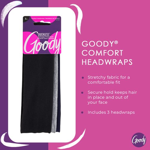 Goody Ouchless Comfort Head Wraps - 3 Ct, Black/Grey, Soft & Stretchy Fabric Headbands for Women & Men, Secure Hold Yoga, Workout Headband, Versatile Hair Accessories for All-Day Wear, All Hair Types