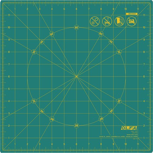 OLFA 12" x 12" Rotating Cutting Mat (RM-12S) - Self Healing 12x12 Inch Square Rotary Mat with Grid for Fabric, Sewing, Quilting, & Crafts, Rotates 360 Degrees, Use with Rotary Cutters (Green)