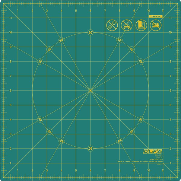 OLFA 12" x 12" Rotating Cutting Mat (RM-12S) - Self Healing 12x12 Inch Square Rotary Mat with Grid for Fabric, Sewing, Quilting, & Crafts, Rotates 360 Degrees, Use with Rotary Cutters (Green)
