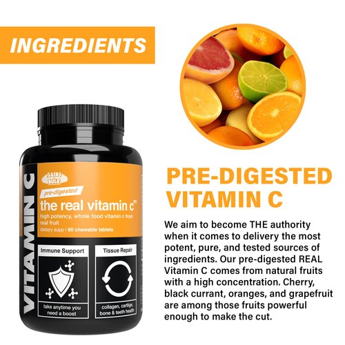 Real Vitamin C, Gains in Bulk Whole Food Vitamin C Supplement, High Potency, Whole Food Vitamin C from Plant Sources, Dietary Supplement, 60 Vegan Chewables