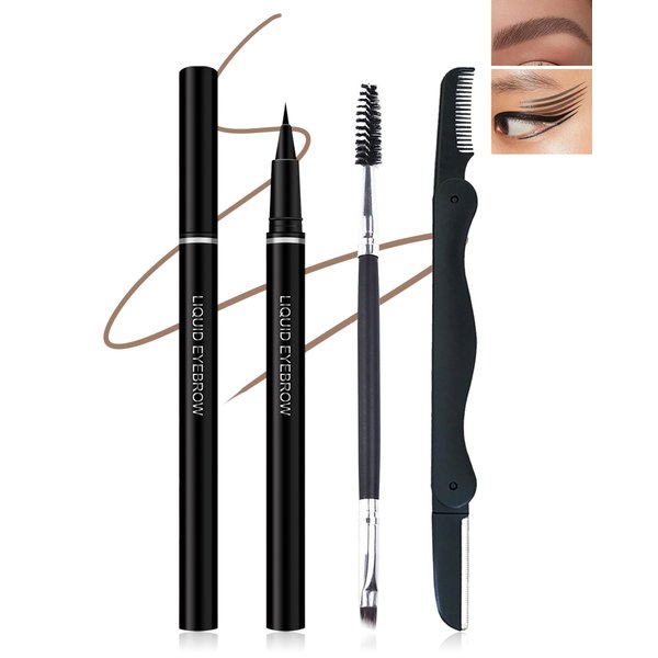 Eyebrow Pencil Light Brown, Brow Pencil with Ultra-Fine 0.01mm Brush-Tip, Multifunctional Liquid Eyeliner & Eyebrow Pen, Waterproof Sweat-Proof Long-lasting Quick Drying, with Brow Razor & Brush-03#