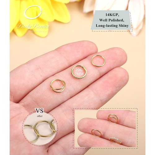 BodyBonita 20G Gold Nose Rings Hoops - 3pcs Surgical Steel Double Hoop Nose Rings Hinged CZ Conch Piercing Jewelry Septum Clicker Lip Rings Cartilage Earring Helix Rook Tragus Daith 7mm
