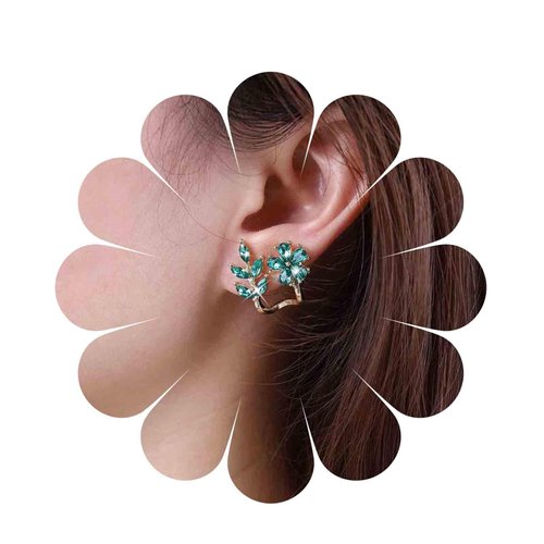 Sttiafay Vintage Emerald Flower Ear Cuff Earrings Green Crystal Flower Earrings Crystal Leaf Stud Earrings Emerald Leaf Earrings Jewelry for Women