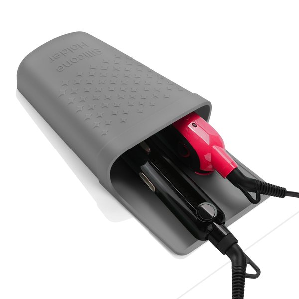 ZAKRA Curling Iron Holder,Heat Resistant Silicone Holder for Flat Iron,Hair Straightener,Hot Hair Tools,Vanity Accessories Fix with Stainless Steel Hook.(Grey)