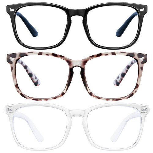 hunsquer Blue Light Blocking Glasses - Women/Men 3Pack Computer Reading Gaming Anti Eyestrain Blue Light Glasses Non Prescription (8068 3pack black+douhua+toumin)