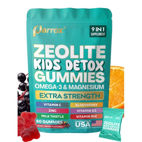 Parrox Zeolite Kids Gummies, 9-in-1 with Zeolite, Omega-3, Magnesium, Elderberry, Vitamin C, Milk Thistle, Vitamin D3, Zinc, B12 – Sugar-Free (60 Gummies – Mixed Berry Flavor)