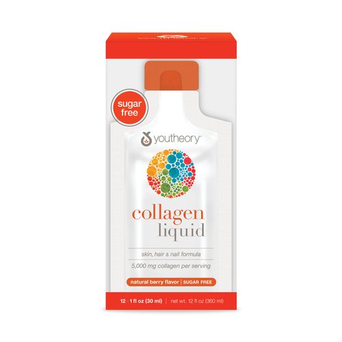 Youtheory Collagen Liquid for Hair Skin and Nails with Collagen Peptides and Amino Acids, Gluten Free Drinkable Supplement, Berry Flavor, 12 Single Serving Packets