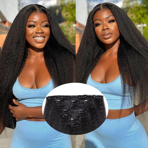 Yargel Hair 20 Inch Kinky Straight Clip in Hair Extensions for Black Women Yaki Straight Clip ins Full Head Seamless Synthetic Hair Pieces(2 pack)
