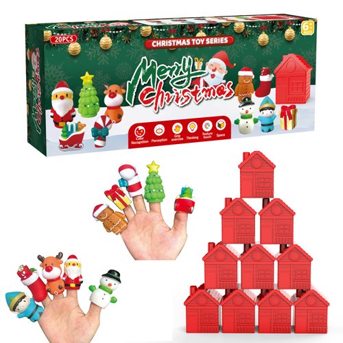 Learning Toys with Elk Santa Claus Snowman Christmas Tree for 1,2,3 Year Old, New Christmas Toys for Kids, Xmas Gifts Toys for Boys Girls, 10 Christmas Finger Puppets & 10 Barns, Stacking & Sorting