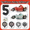Number 5 Race Car Balloons, 43 Inch Race Car Party Decorations, Wheel Tire Balloons, Black and White Checkered Foil Balloons, Car Balloons for Boys 5th Birthday Party Decoration - Pack of 9
