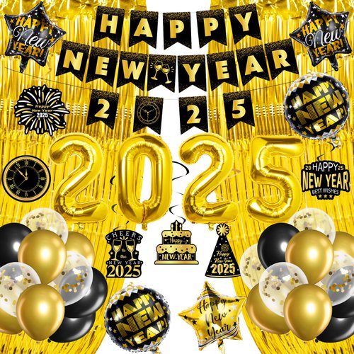 New Years Eve Party Supplies 2025, New Years Decorations 2025, Happy New Year 2025 Decorations Kit, New Year Banner, Foil Balloons, Gold Foil Curtain Backdrop for New Year Eve Party