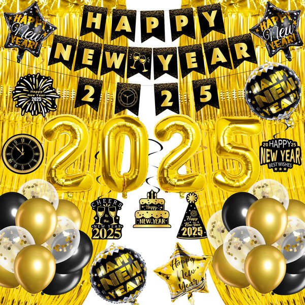 New Years Eve Party Supplies 2025, New Years Decorations 2025, Happy New Year 2025 Decorations Kit, New Year Banner, Foil Balloons, Gold Foil Curtain Backdrop for New Year Eve Party