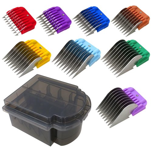 Guide Combs Stainless Steel 8 Colors 1/8"-1/4"-3/8"-1/2" -5/8" -3/4"-7/8"-1"-Hair Clipper Replacement Blades Suitable for Andis for Oster for Wahl KM10 Series (Only Fit Snap on Size #10/15/30)
