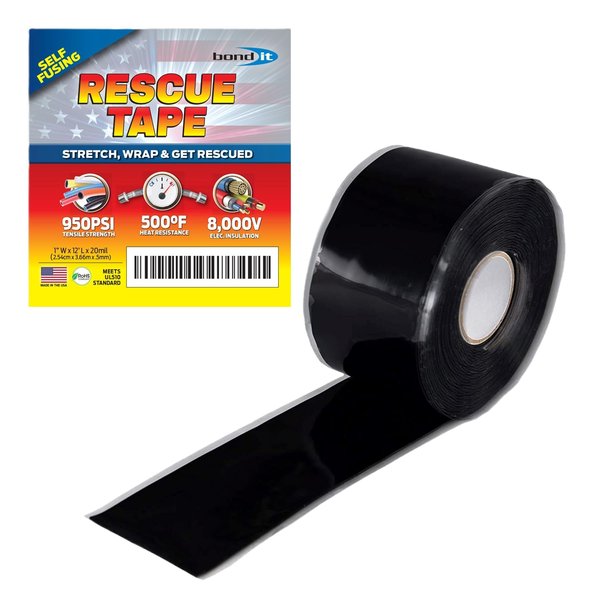 Rescue Tape, Self-Fusing Silicone Tape, Emergency Plumbing Pipe & Radiator Hose Repair, Electrical Insulation, Military Std, 1" x12', Black
