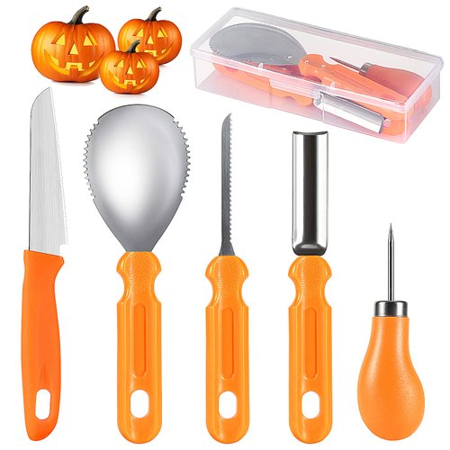 kuaima Pumpkin Carving Tools Set Halloween Pumpkin Carving kit Carving Knife Professional Stainless Steel Pumpkin Carving Tools Set with Food Carving Knife Baking Kitchen Knife (5PCS)