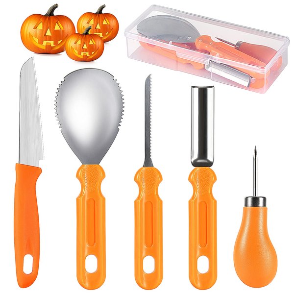 kuaima Pumpkin Carving Tools Set Halloween Pumpkin Carving kit Carving Knife Professional Stainless Steel Pumpkin Carving Tools Set with Food Carving Knife Baking Kitchen Knife (5PCS)