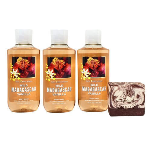 Bath & Body Works Wild Madagascar Vanilla 3 Pack Body Wash Set with a Cherry On Top Bar Soap - Full Size