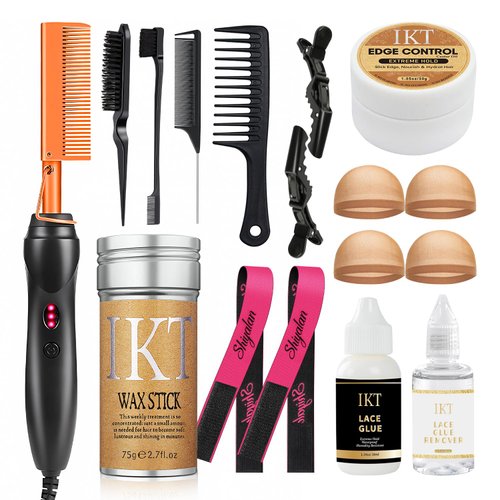 Hot Comb Set, Electric Hair Straightener Comb Curling Iron for Natural Black Hair Wigs Pressing Combs with Wig Glue Hair Wax Stick Set, Rat Tail Comb ＆Salon Clips
