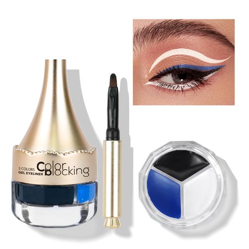 Music Flower 3 Colors Eyeliner Gel,Waterproof Eye Liner Gel Makeup Set,Smudge-proof Long lasting with a Eyeliner Brushes (Blue+Black+White)