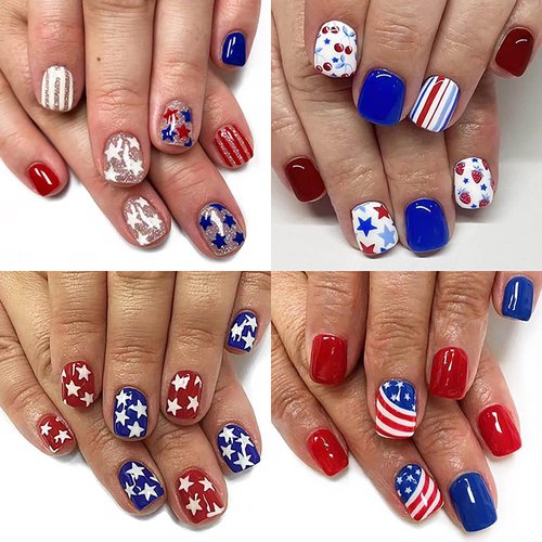 RTKHFZE Independence Day Press on Nails Short Square False Nails Full Cover Acrylic Fake Nails Glue On Nails with Patriotic Designs for July 4th Artificial Reusable Stick on Nails 96Pcs