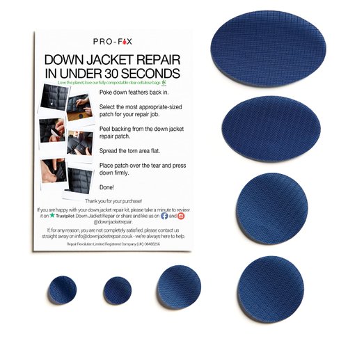 Pro-Fix Down Jacket Repair Patches Easy to Use, Pre-Cut, Self-Adhesive, Waterproof, Tear-Resistant Rip-Stop Nylon Fabric Patches for Jackets & Patches for Clothing, Down Jacket Patches - Dark Blue