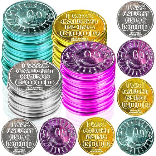 ArtCreativity Colorful Coin Collection - Pack of 144 – ‘I was Caught Being Good’ Coins, Tokens for Kids Behavior - Smile Face Fake Money Coins, Ideal School Reward and Prize from Mom to Kids Ages 3+