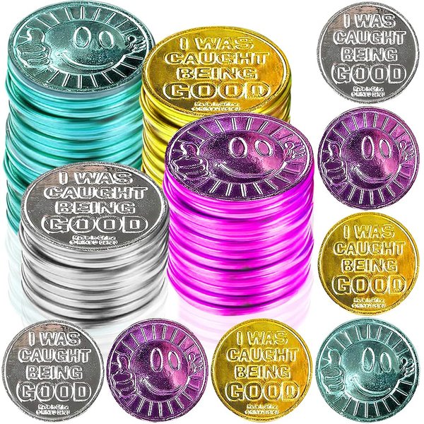 ArtCreativity Colorful Coin Collection - Pack of 144 – ‘I was Caught Being Good’ Coins, Tokens for Kids Behavior - Smile Face Fake Money Coins, Ideal School Reward and Prize from Mom to Kids Ages 3+