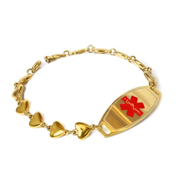 My Identity Doctor - Custom Engraved Medical Bracelet, Gold Toned 316L Stainless Steel Hearts, 1cm - Wrist Size 5.25 Inch