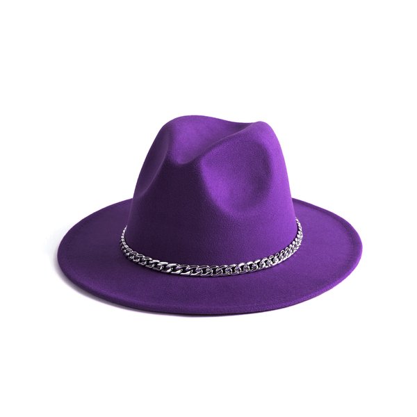 Gossifan Women Men Wide Brim Fedoran Hat with Chain Belt Buckle -Purple