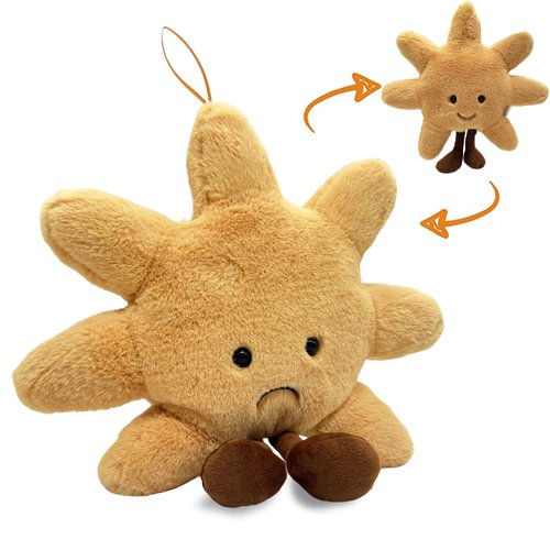 JoyAmigo Plush Sun Pillow Smiley/Sad Face Throw Pillow - Soft Yellow Sunshine Plushie Stuffed Animal Cuddly Sun Cushion for Room, Nursery Decor and Birthday for All Ages 14"