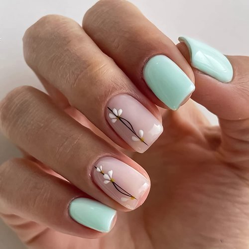 Square Press on Nails Short Nude Pink and Light Green Fake Nails with Flower Designs False Nails Glossy Acrylic Nails Spring Full Cover Nails for Women 24 Pcs Artificial Nails