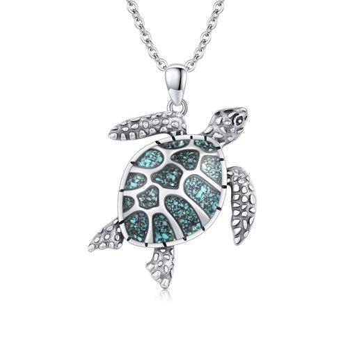 Cuoka Sea Turtle Necklace 925 Sterling Silver Hawaiian Turtle Pendant Necklace,Summer Bohemia Beach Turquoise Turtle Necklace Jewelry for Women Turtle Lovers