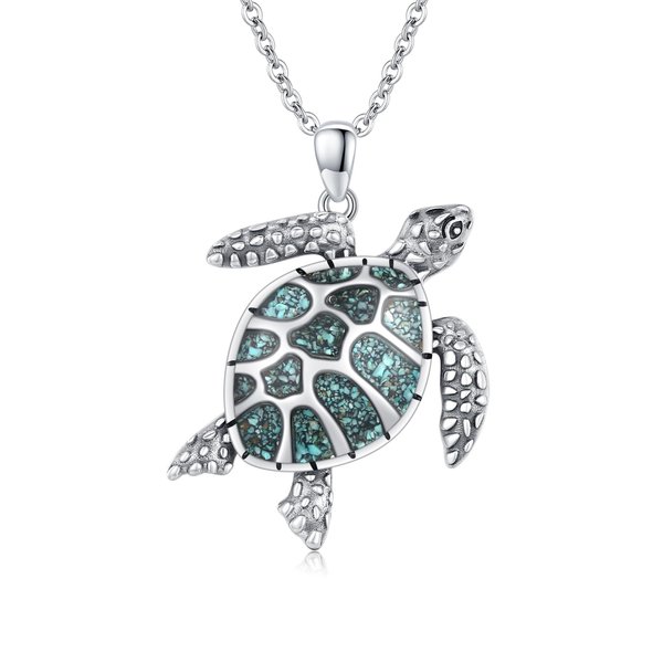 Cuoka Sea Turtle Necklace 925 Sterling Silver Hawaiian Turtle Pendant Necklace,Summer Bohemia Beach Turquoise Turtle Necklace Jewelry for Women Turtle Lovers
