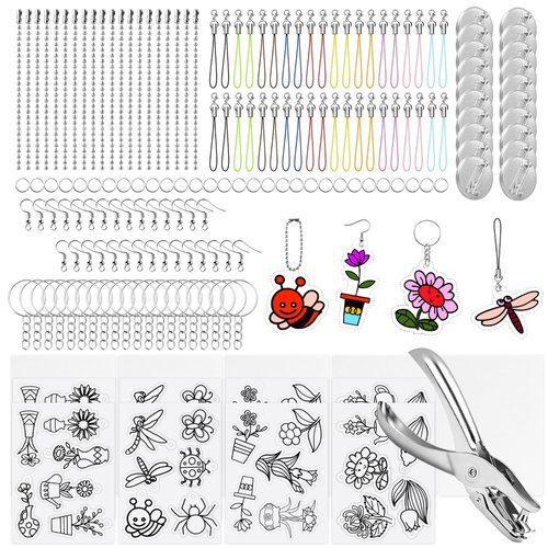 Waltool 174Pcs Art Shrinky Sheets Kits Includes Blank and Cute Heat Shrink Plastic Sheets, Hole Punch, Keychain Jewelry Making Accessories for DIY Bookmarks Gift Tags Paper Crafting Supplies