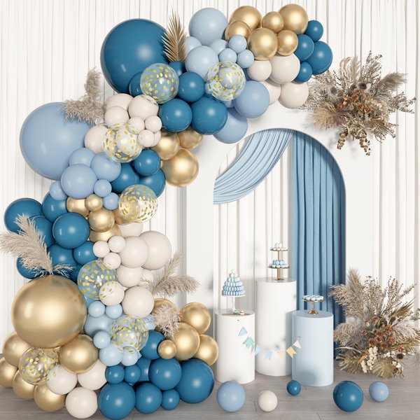 170Pcs Dusty Blue Balloons Arch Garland Kit, Baby Blue Gold White Ocean Macaron Blue Confetti Balloons for Birthday Bridal Baby Shower Boy Gender Reveal Wedding Engagement Bachelor Party Decorations